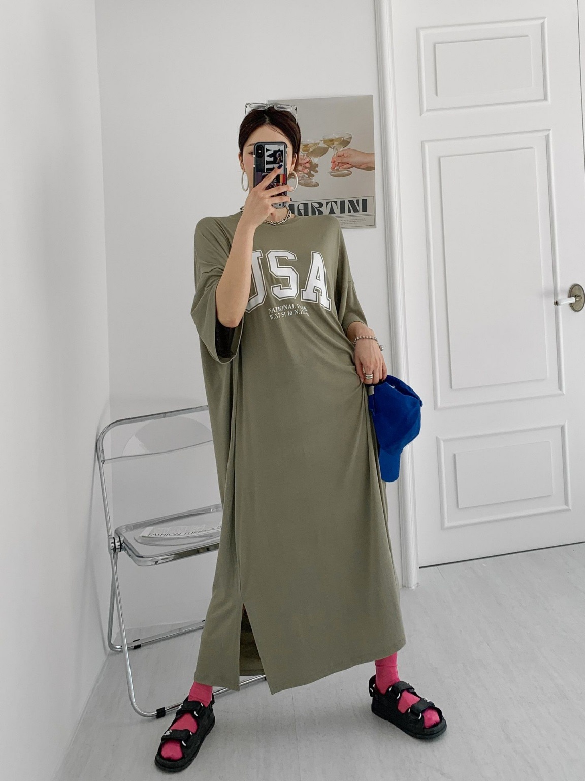 ラウンドネックスリットオーバーサイズマキシロング半袖ビッグプリントワンピース | 詳細画像5