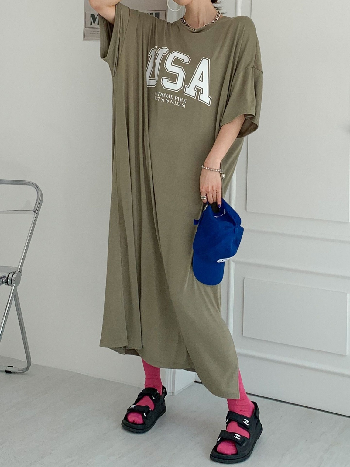 ラウンドネックスリットオーバーサイズマキシロング半袖ビッグプリントワンピース | 詳細画像6