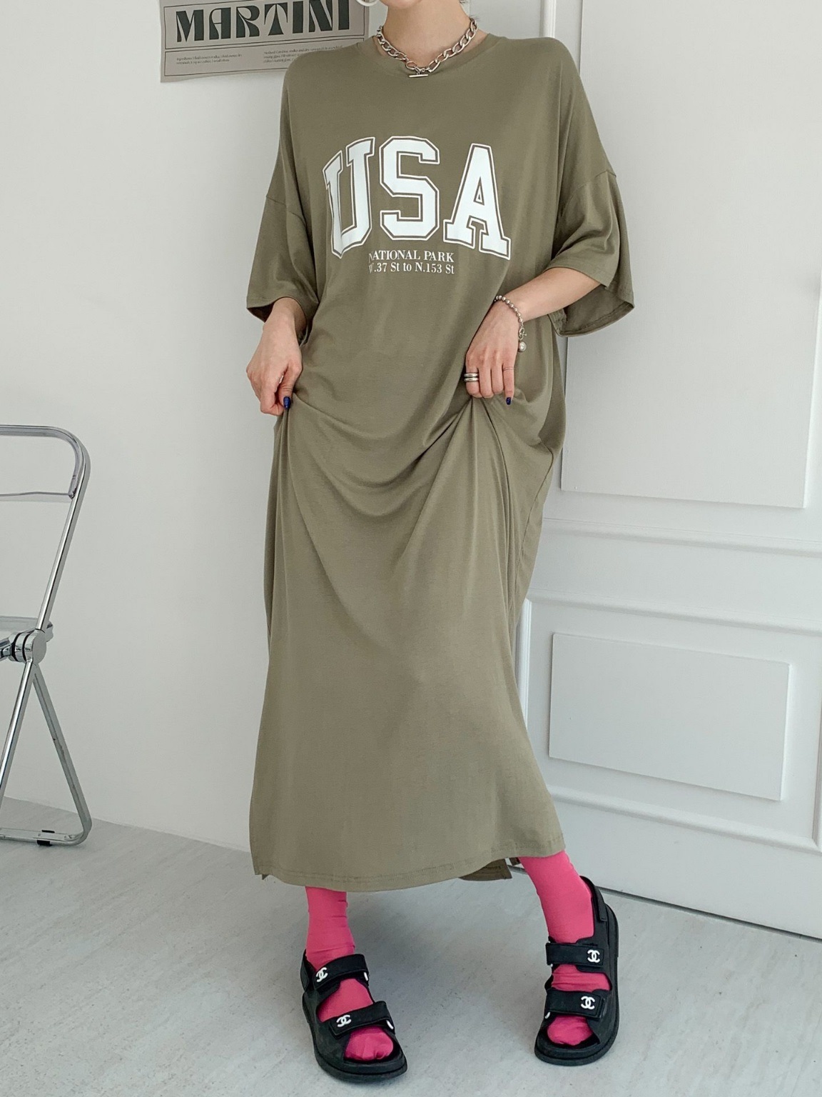 ラウンドネックスリットオーバーサイズマキシロング半袖ビッグプリントワンピース | 詳細画像7