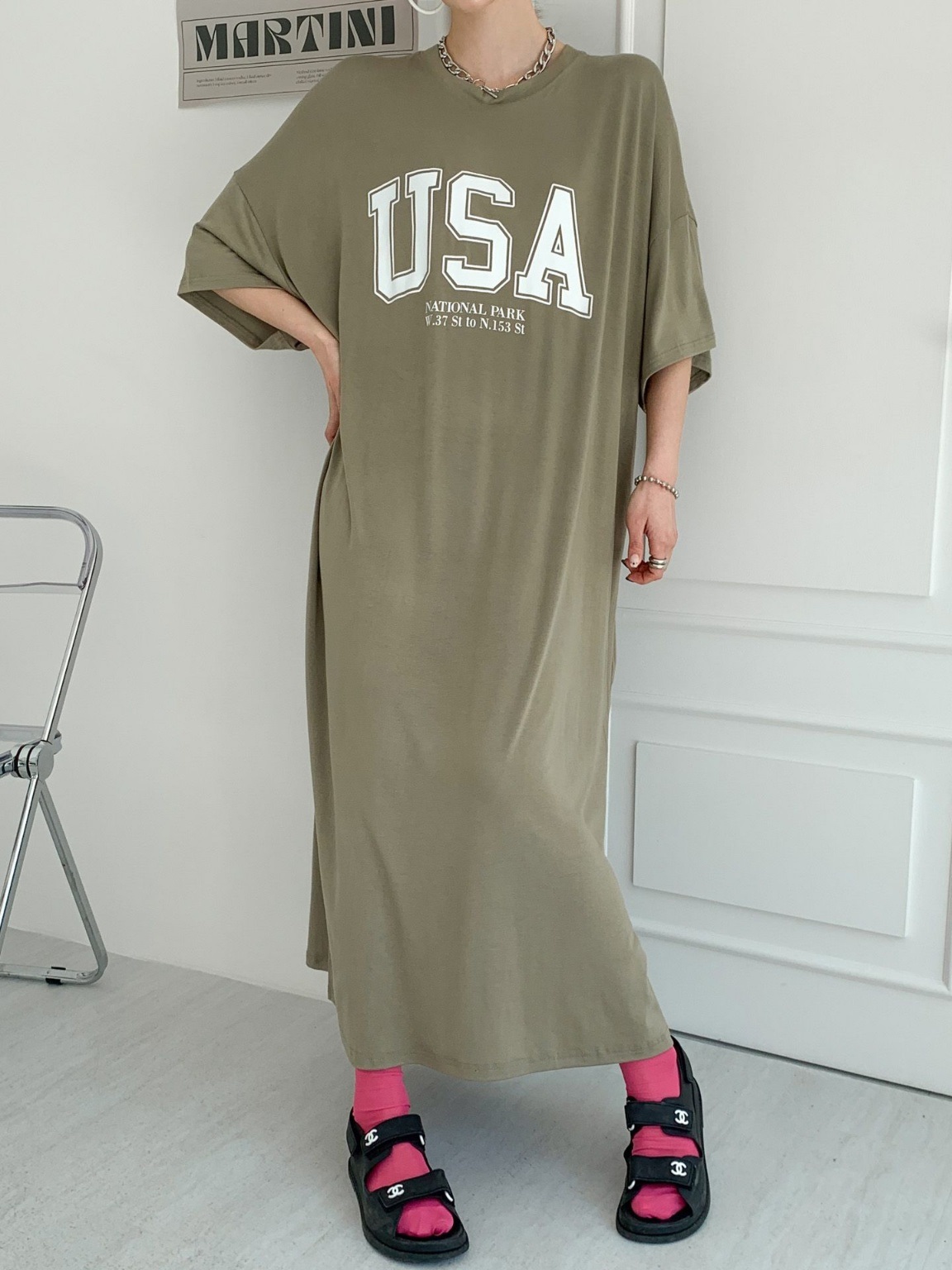 ラウンドネックスリットオーバーサイズマキシロング半袖ビッグプリントワンピース | 詳細画像8