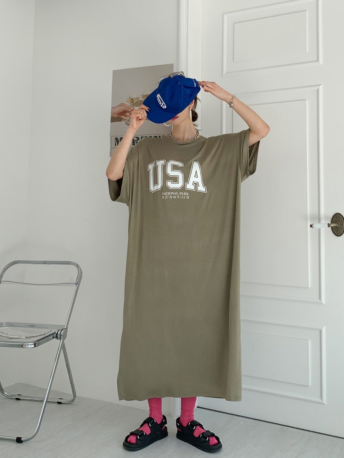 ラウンドネックスリットオーバーサイズマキシロング半袖ビッグプリントワンピース | 詳細画像9