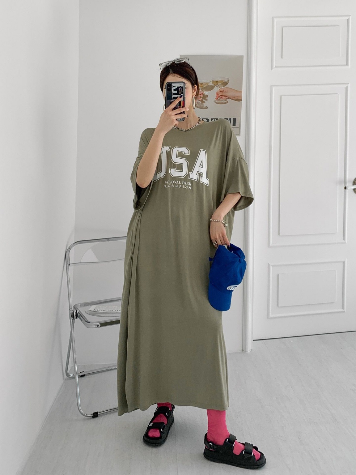 ラウンドネックスリットオーバーサイズマキシロング半袖ビッグプリントワンピース | 詳細画像11