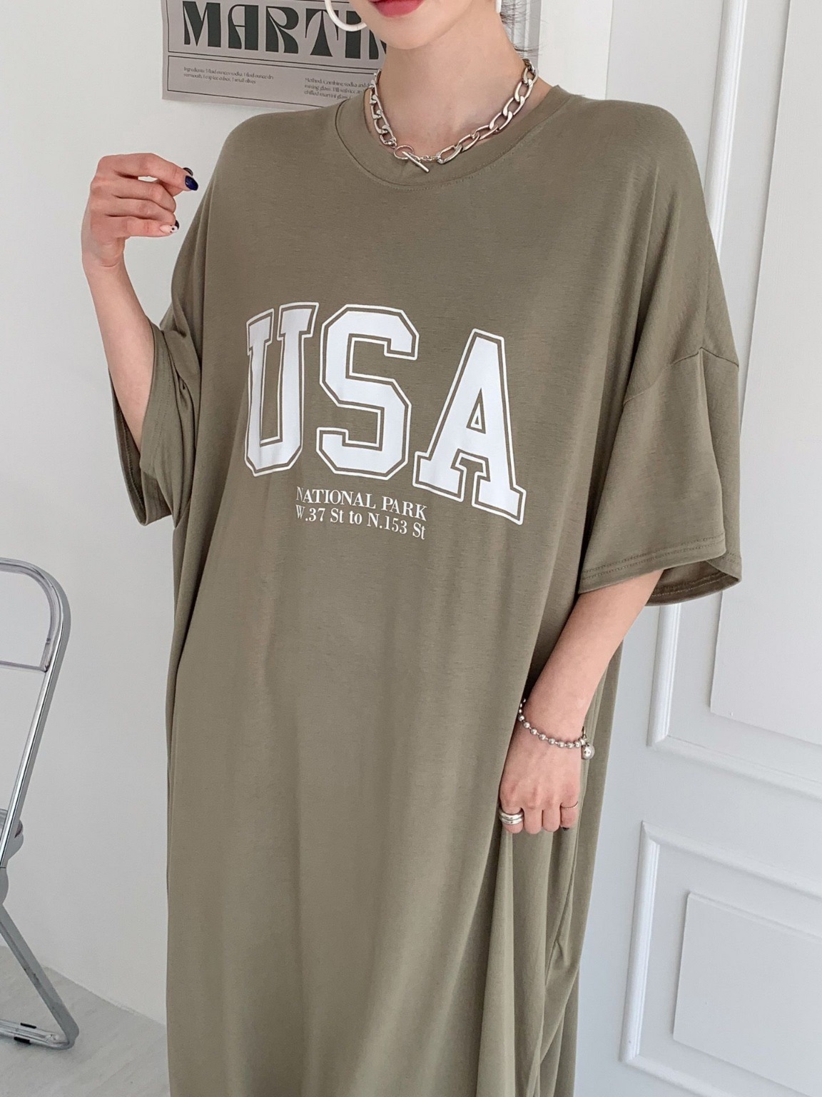 ラウンドネックスリットオーバーサイズマキシロング半袖ビッグプリントワンピース | 詳細画像12