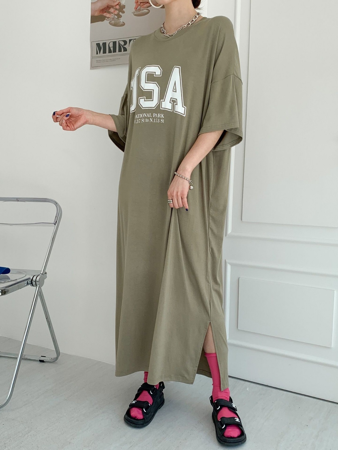 ラウンドネックスリットオーバーサイズマキシロング半袖ビッグプリントワンピース | 詳細画像14