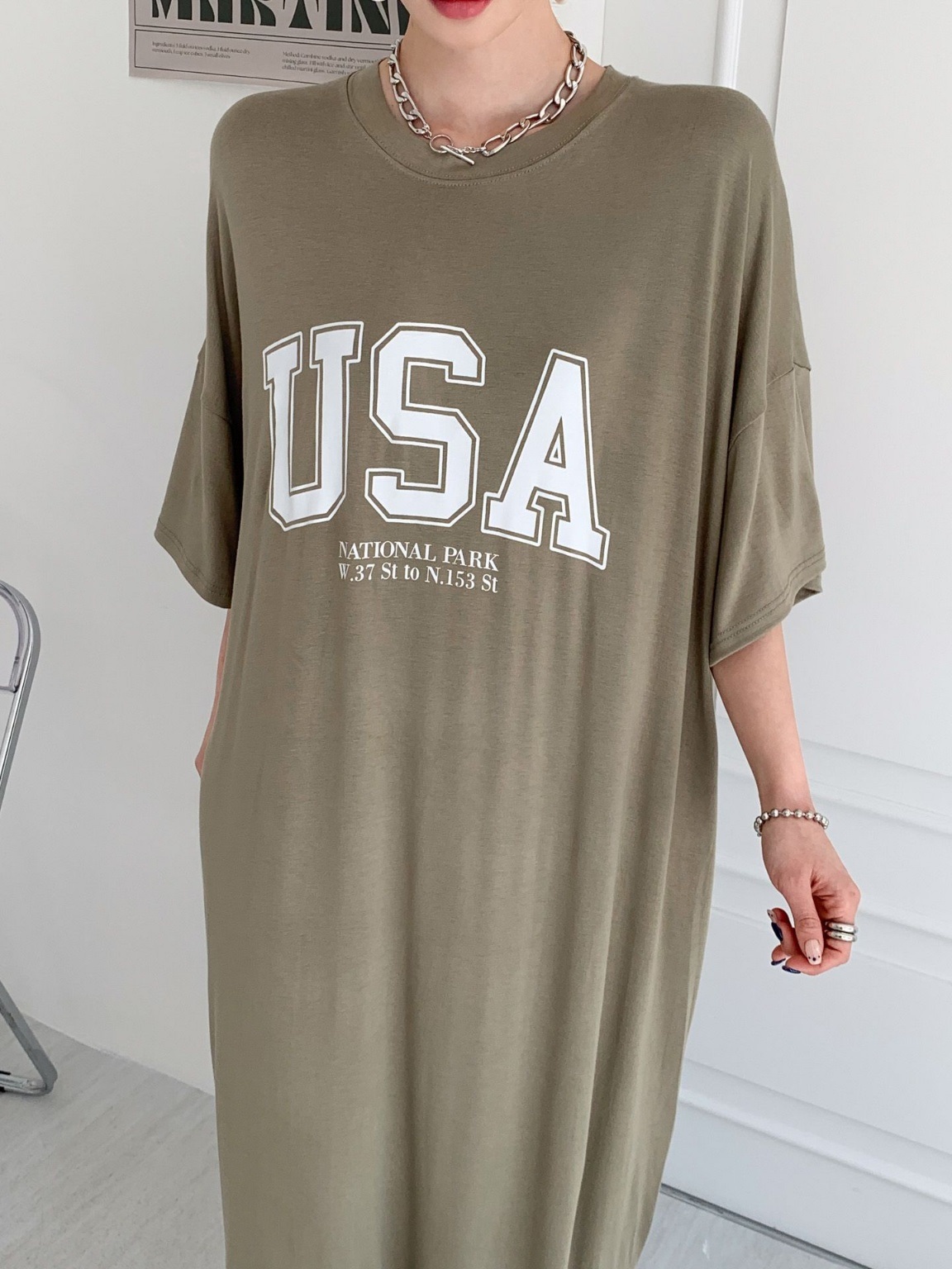 ラウンドネックスリットオーバーサイズマキシロング半袖ビッグプリントワンピース | 詳細画像15