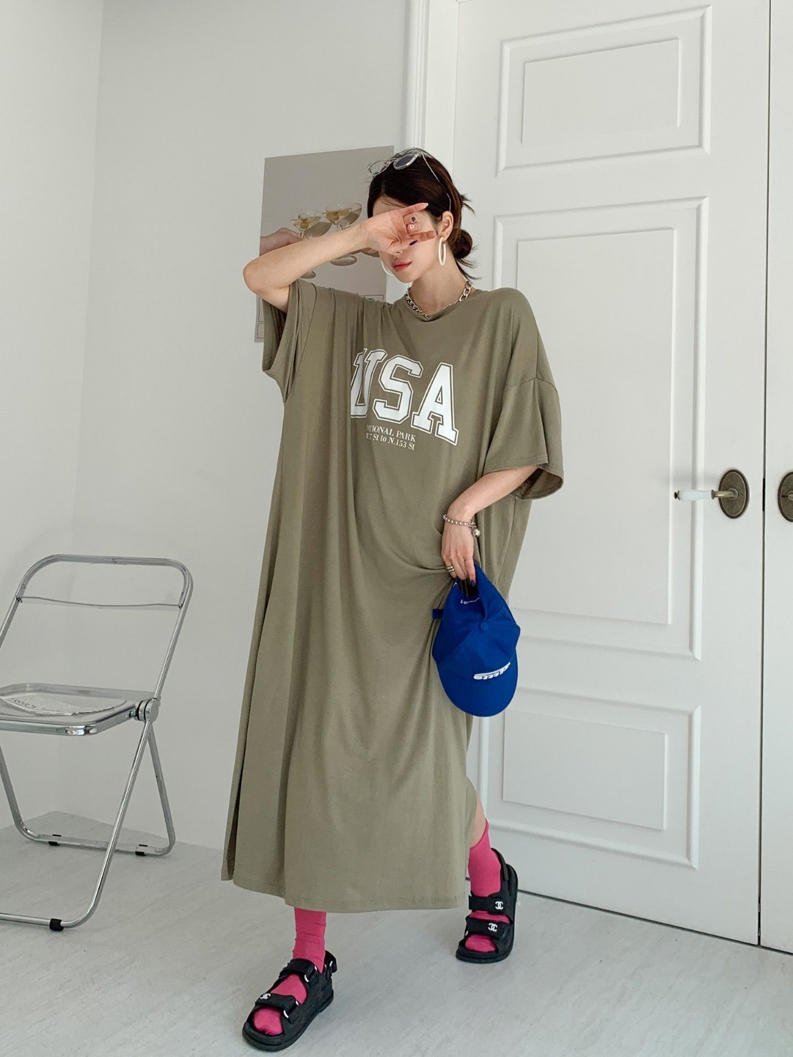 ラウンドネックスリットオーバーサイズマキシロング半袖ビッグプリントワンピース | 詳細画像16