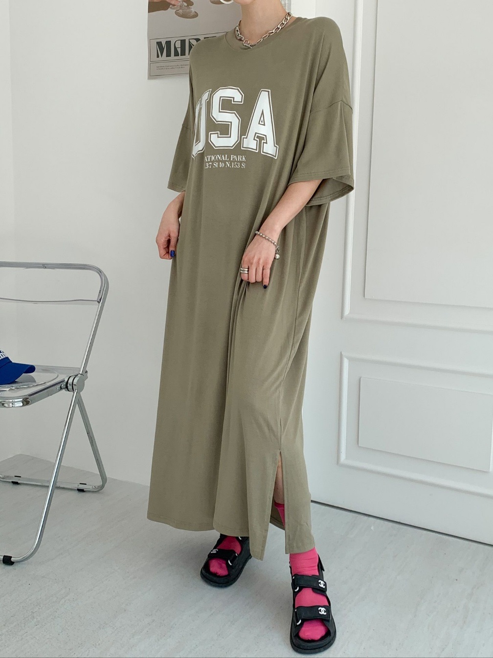 ラウンドネックスリットオーバーサイズマキシロング半袖ビッグプリントワンピース | 詳細画像17