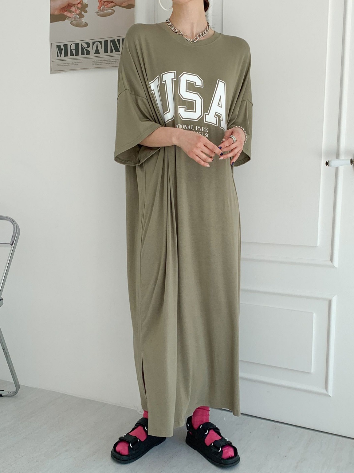 ラウンドネックスリットオーバーサイズマキシロング半袖ビッグプリントワンピース | 詳細画像18