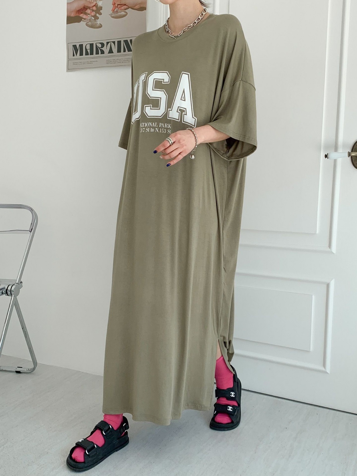 ラウンドネックスリットオーバーサイズマキシロング半袖ビッグプリントワンピース | 詳細画像19