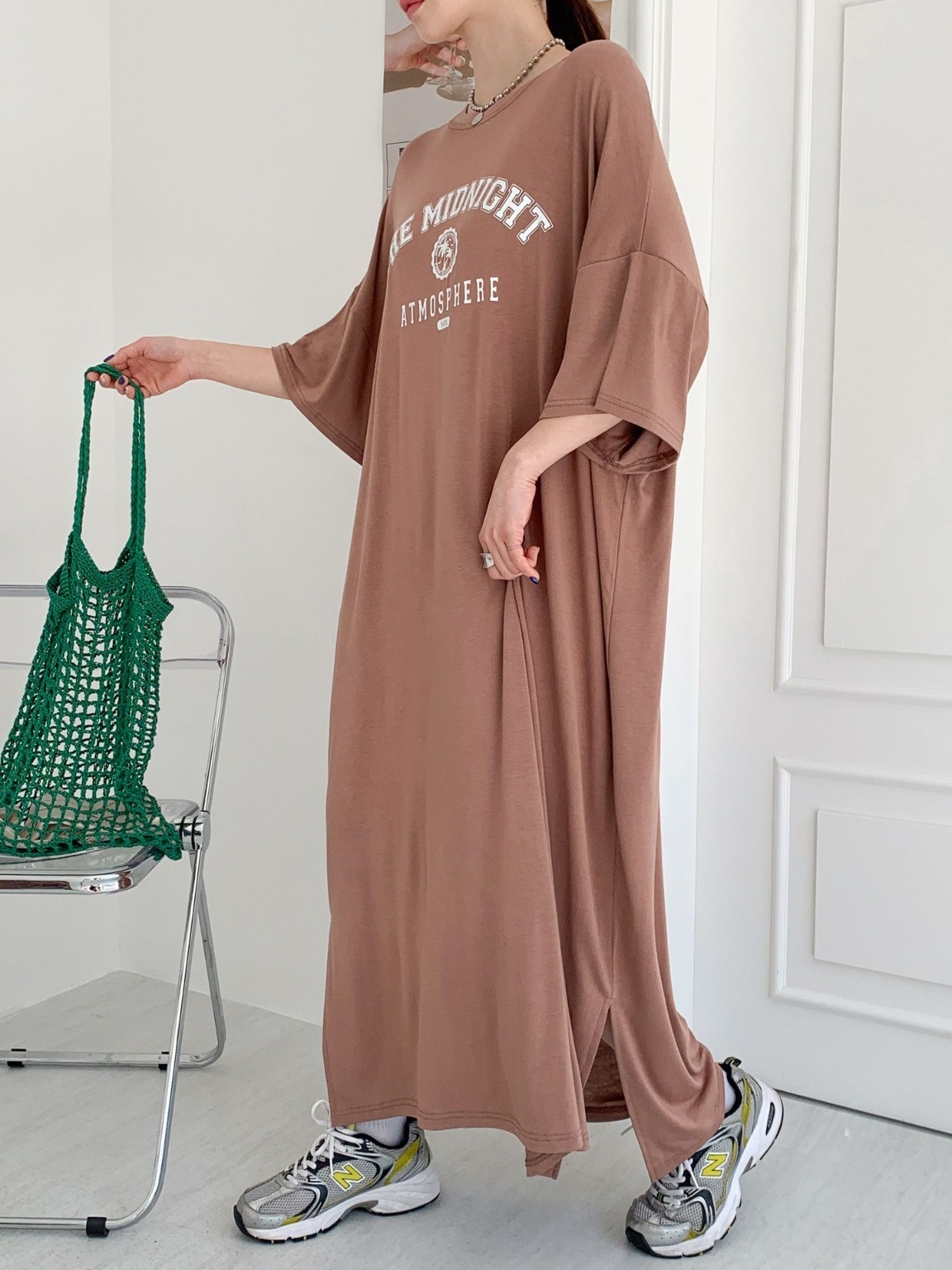 ラウンドネックスリットオーバーサイズマキシロングビッグプリントワンピース | 詳細画像8