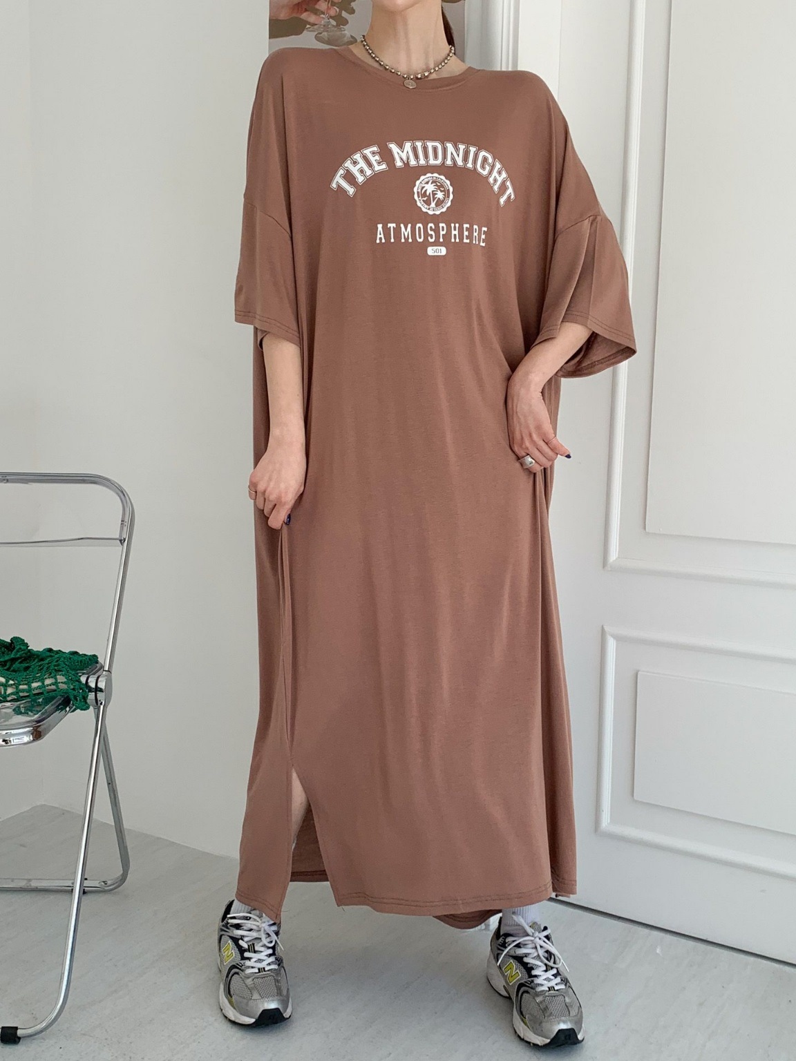 ラウンドネックスリットオーバーサイズマキシロングビッグプリントワンピース | 詳細画像12