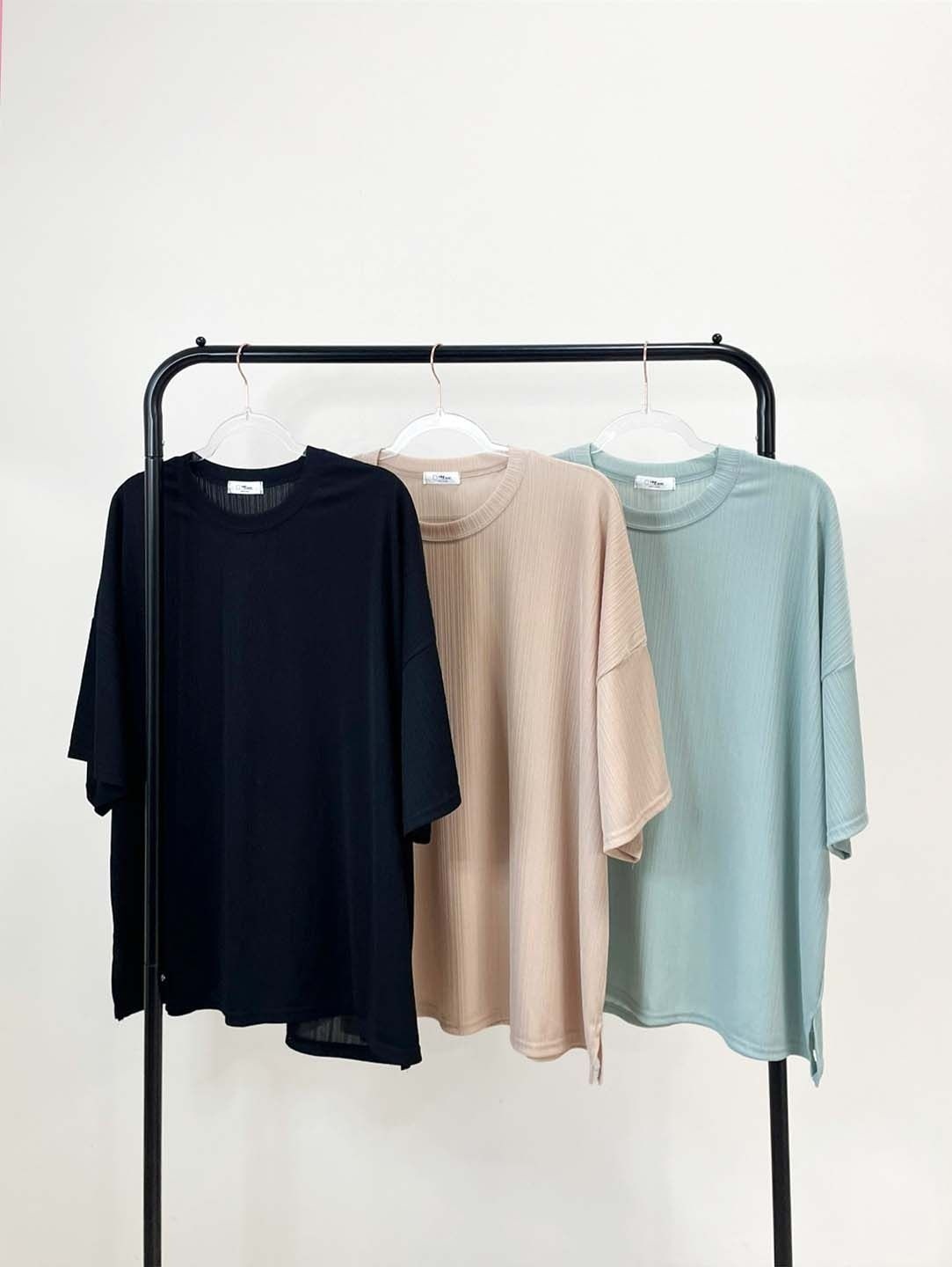 ラウンドネックスリットポケットウエストゴムオーバーサイズ半袖無地セットアップ | 詳細画像3