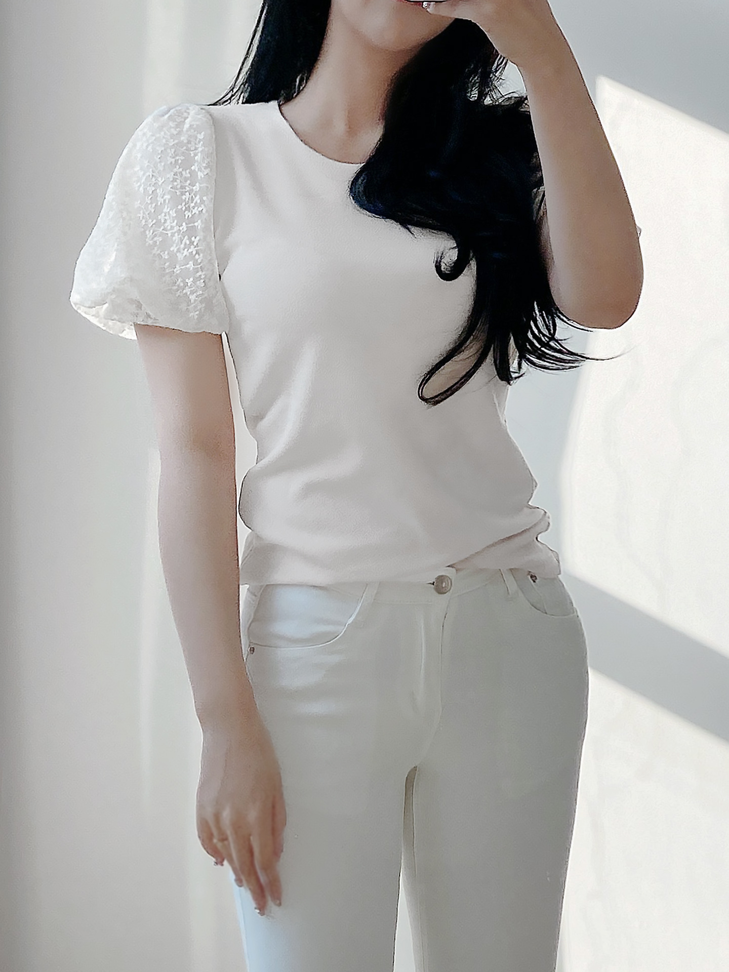 レースラウンドネックパフスリーブ半袖Tシャツ | 詳細画像2