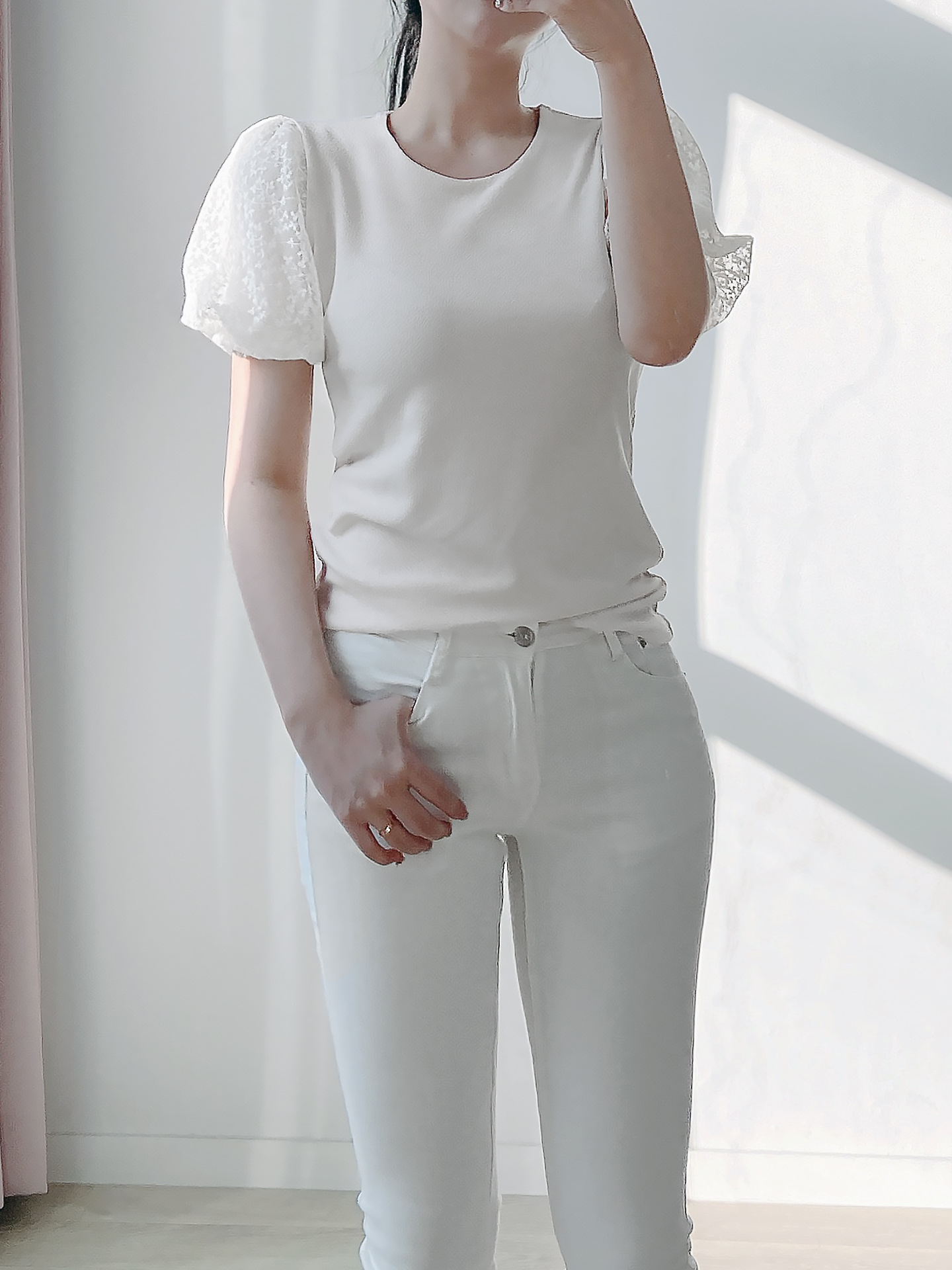 レースラウンドネックパフスリーブ半袖Tシャツ | 詳細画像3