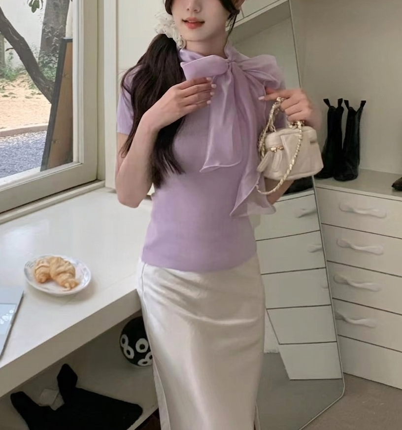 オーガンジーウール混スリム半袖スカーフネックニット | 詳細画像2