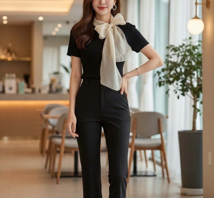 オーガンジーウール混スリム半袖スカーフネックニット | 詳細画像4