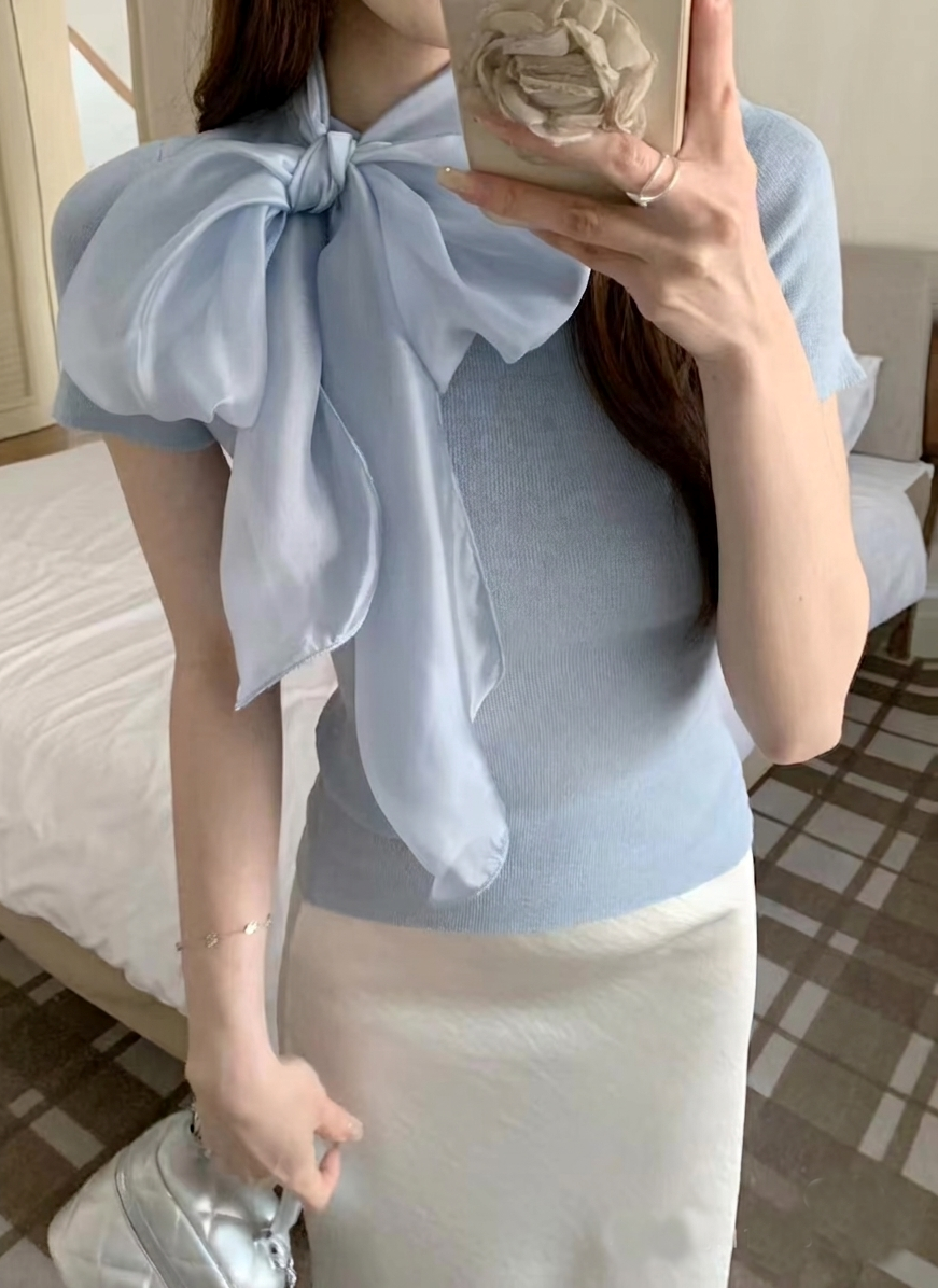 オーガンジーウール混スリム半袖スカーフネックニット | 詳細画像3