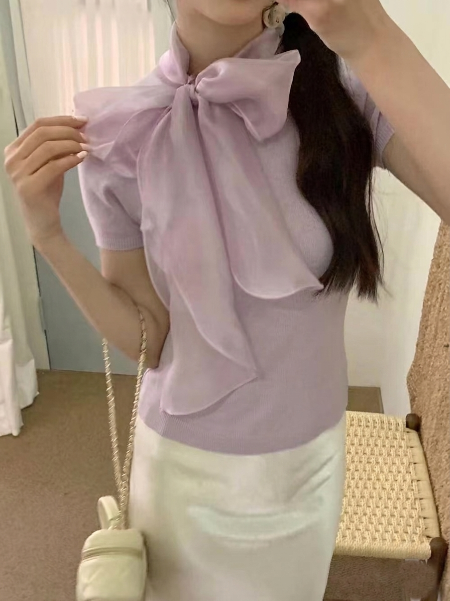 オーガンジーウール混スリム半袖スカーフネックニット | 詳細画像6