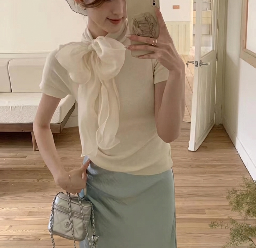 オーガンジーウール混スリム半袖スカーフネックニット | 詳細画像5