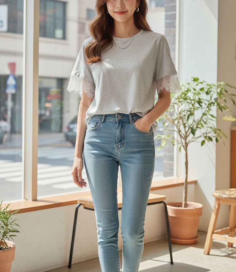 レースコットンラウンドネックルーズ半袖Tシャツ | 詳細画像2