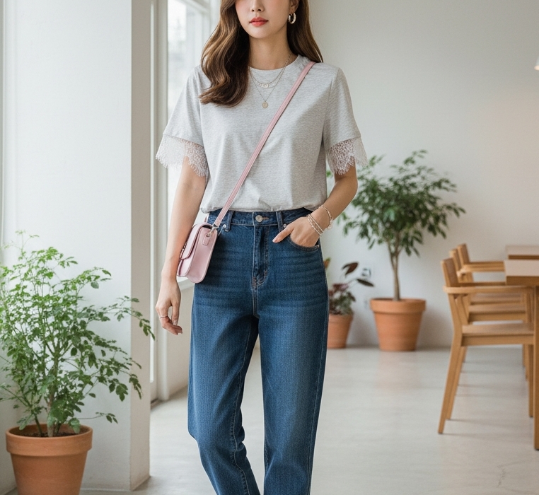 レースコットンラウンドネックルーズ半袖Tシャツ | 詳細画像3