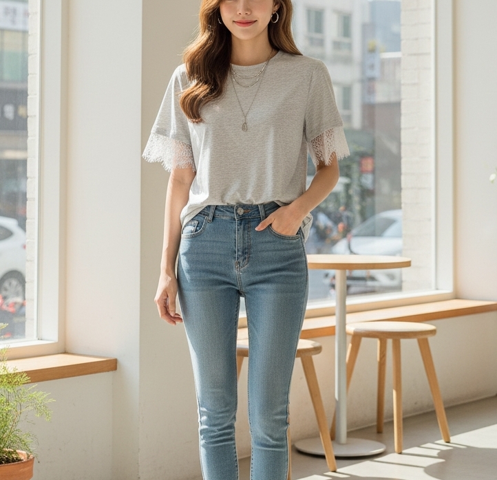 レースコットンラウンドネックルーズ半袖Tシャツ | 詳細画像4