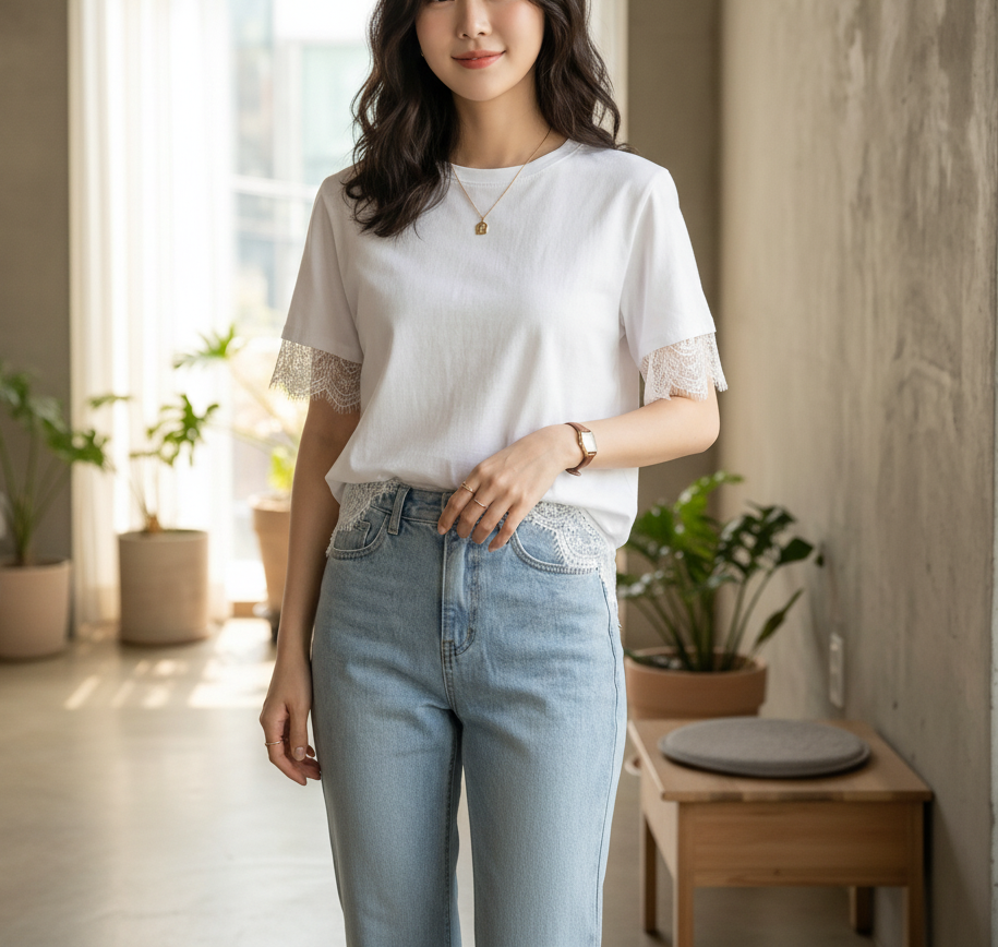 レースコットンラウンドネックルーズ半袖Tシャツ | 詳細画像5