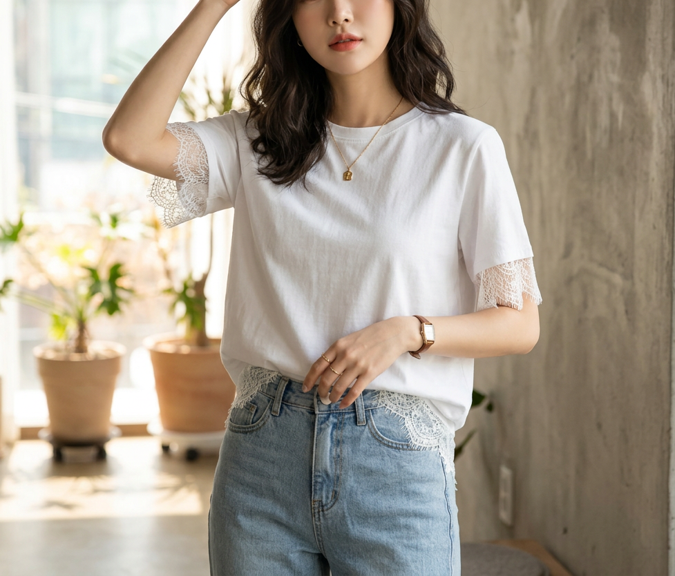 レースコットンラウンドネックルーズ半袖Tシャツ | 詳細画像6