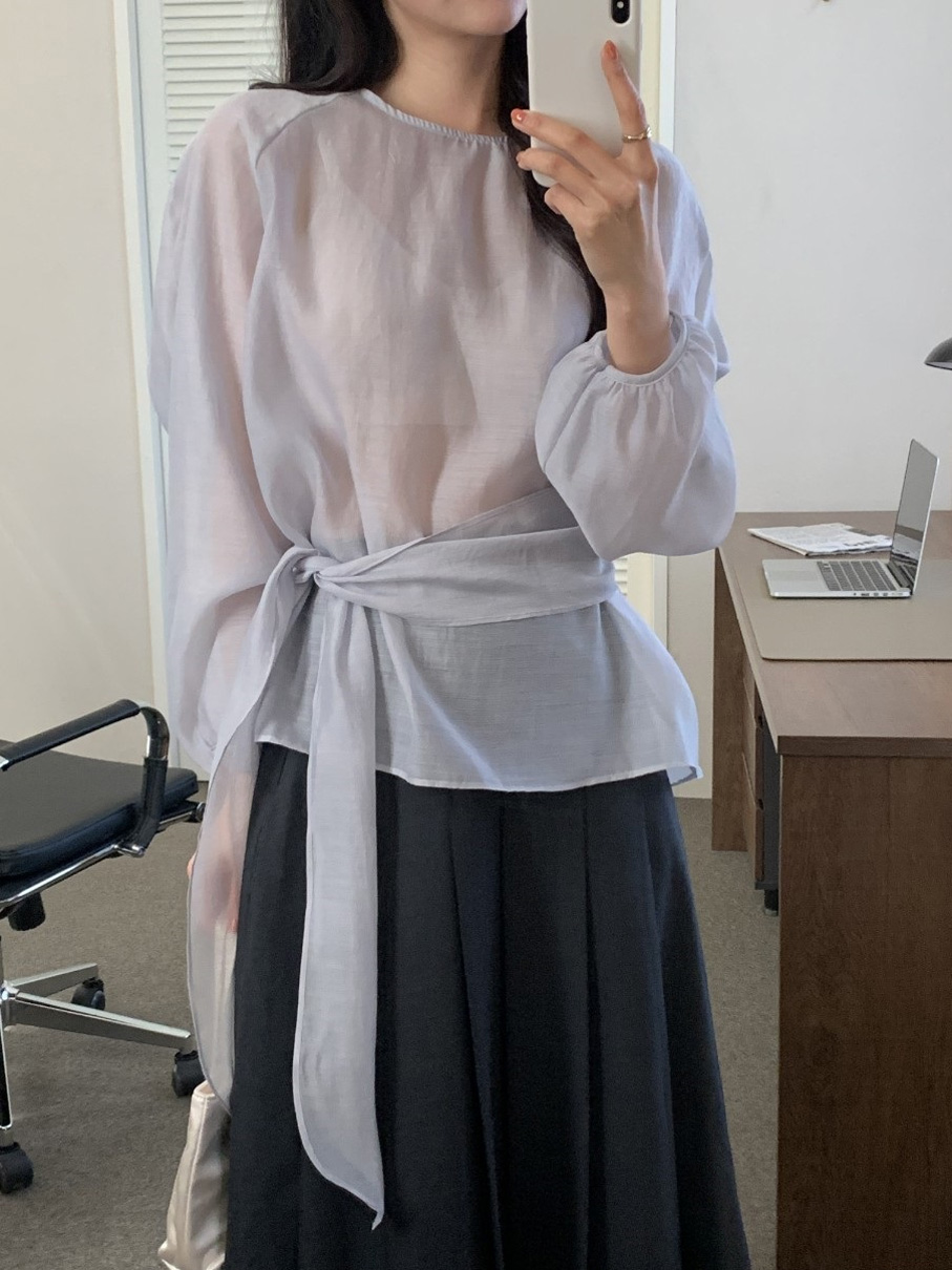 シースルーラウンドネックラップ調長袖ブラウスストラップ付 | 詳細画像7