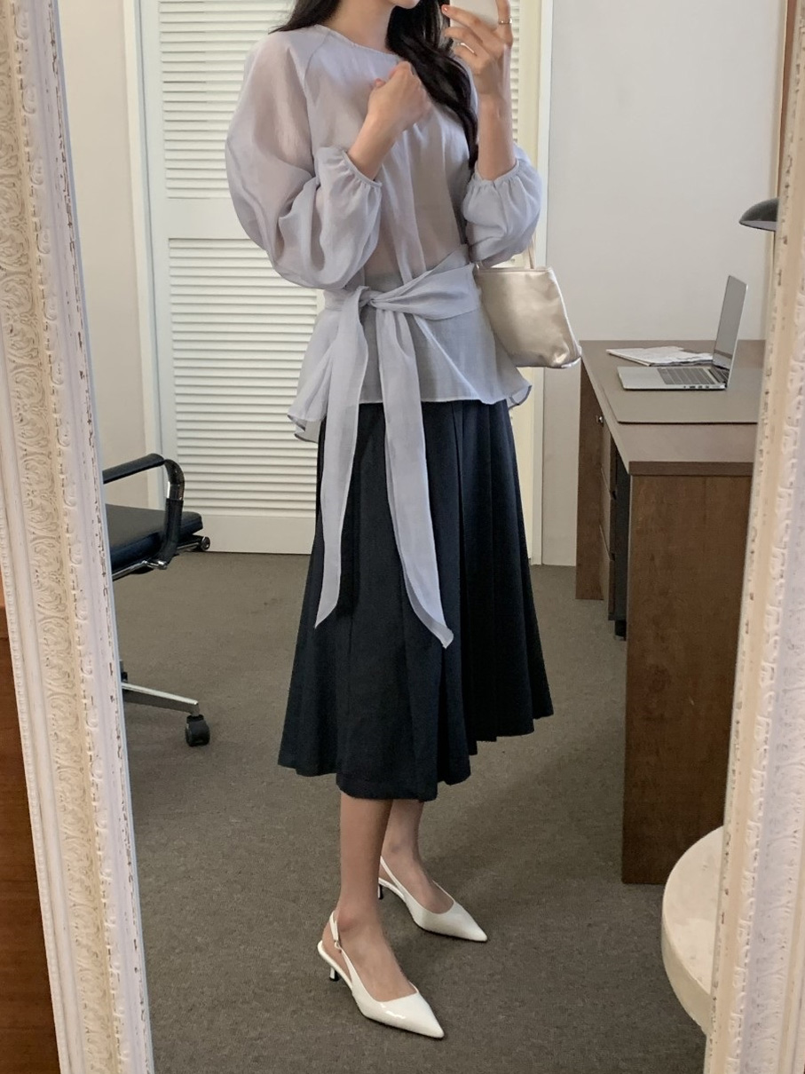 シースルーラウンドネックラップ調長袖ブラウスストラップ付 | 詳細画像5