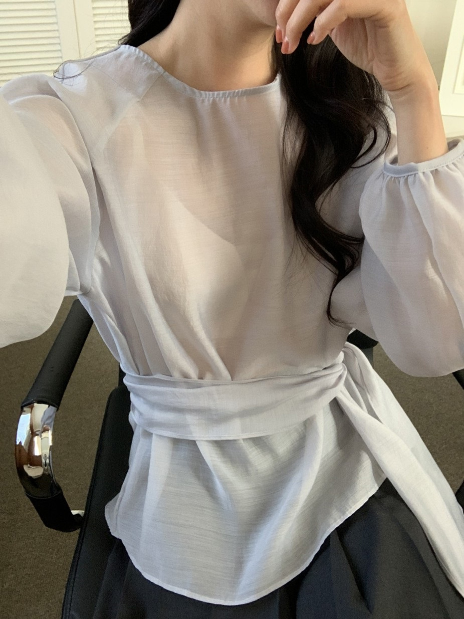 シースルーラウンドネックラップ調長袖ブラウスストラップ付 | 詳細画像8