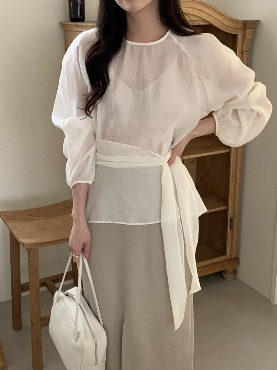 シースルーラウンドネックラップ調長袖ブラウスストラップ付 | 詳細画像12