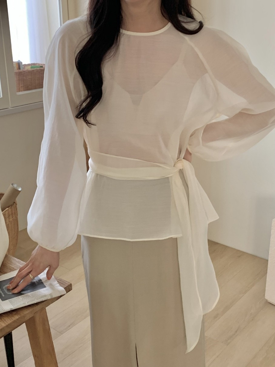 シースルーラウンドネックラップ調長袖ブラウスストラップ付 | 詳細画像19