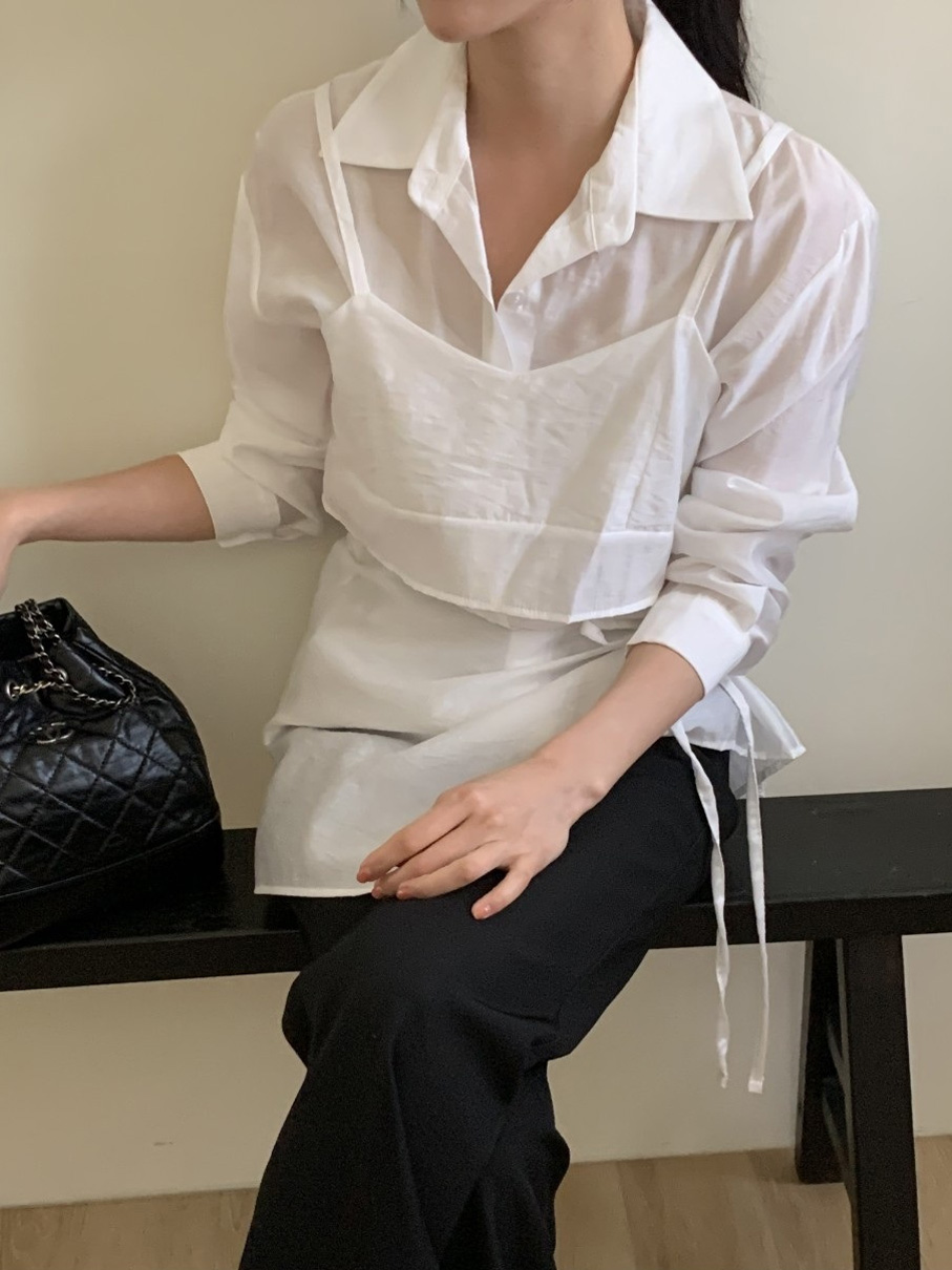 シースルーボタンストラップクロップド長袖スカートシャツビスチェ3 SET | 詳細画像5