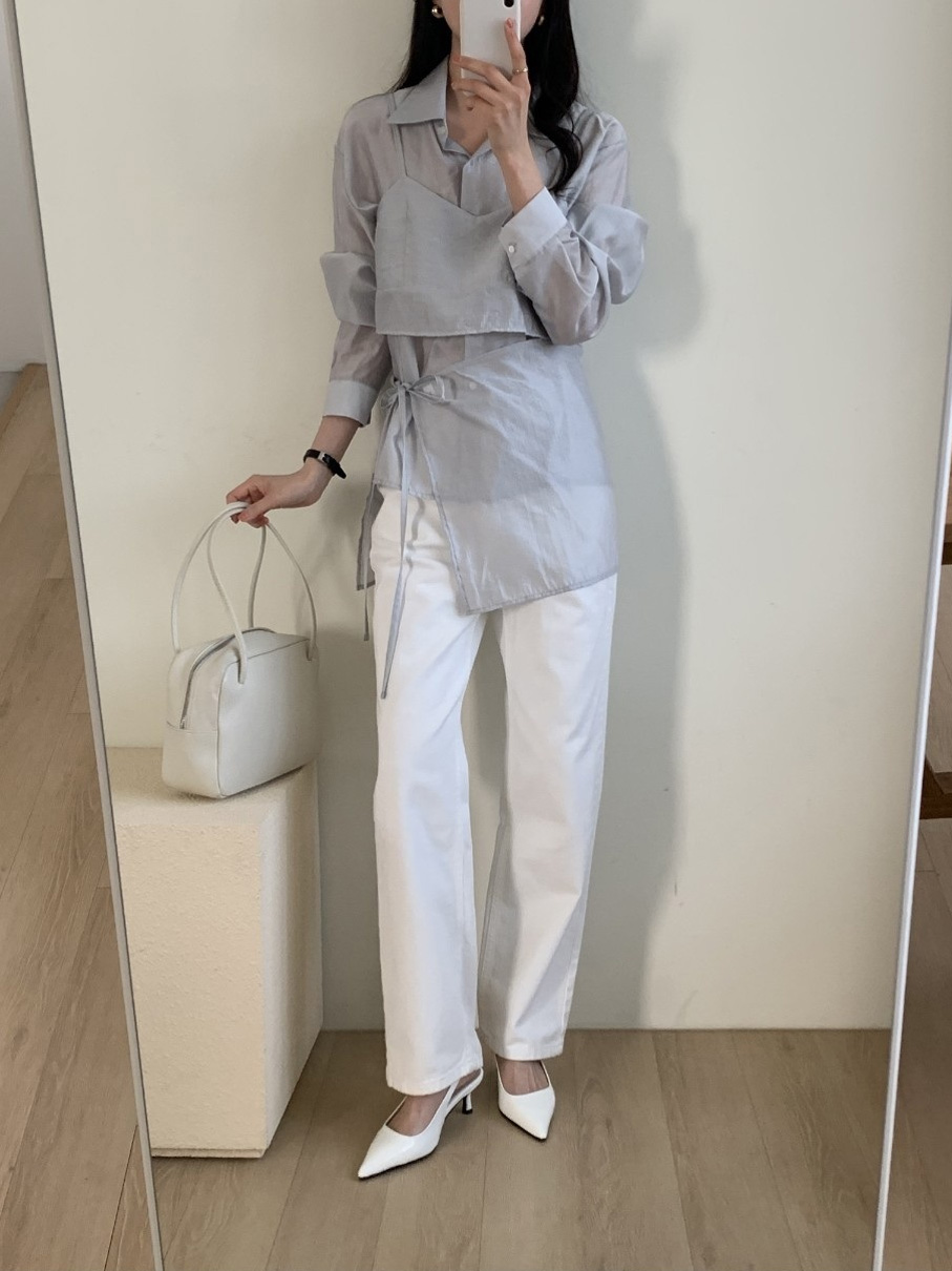 シースルーボタンストラップクロップド長袖スカートシャツビスチェ3 SET | 詳細画像7