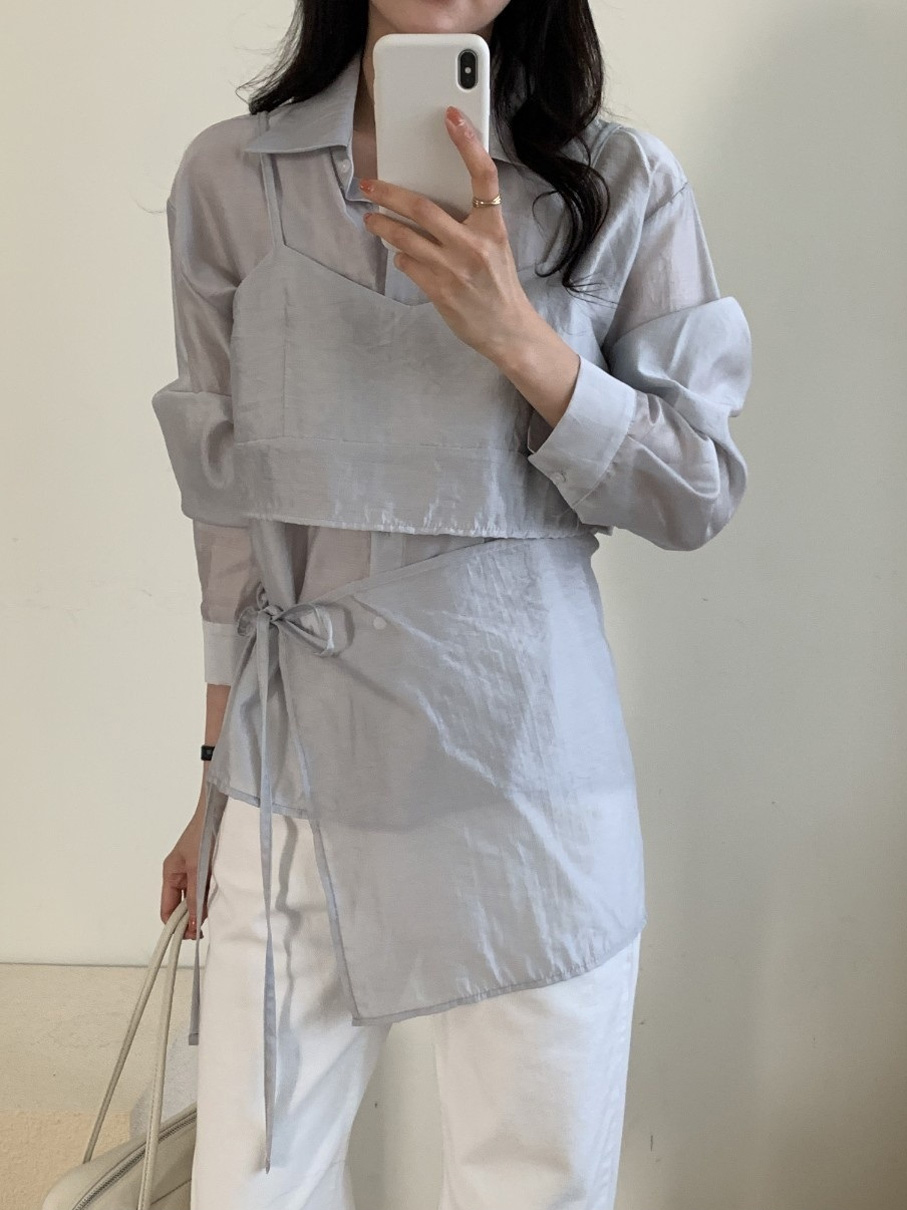 シースルーボタンストラップクロップド長袖スカートシャツビスチェ3 SET | 詳細画像8