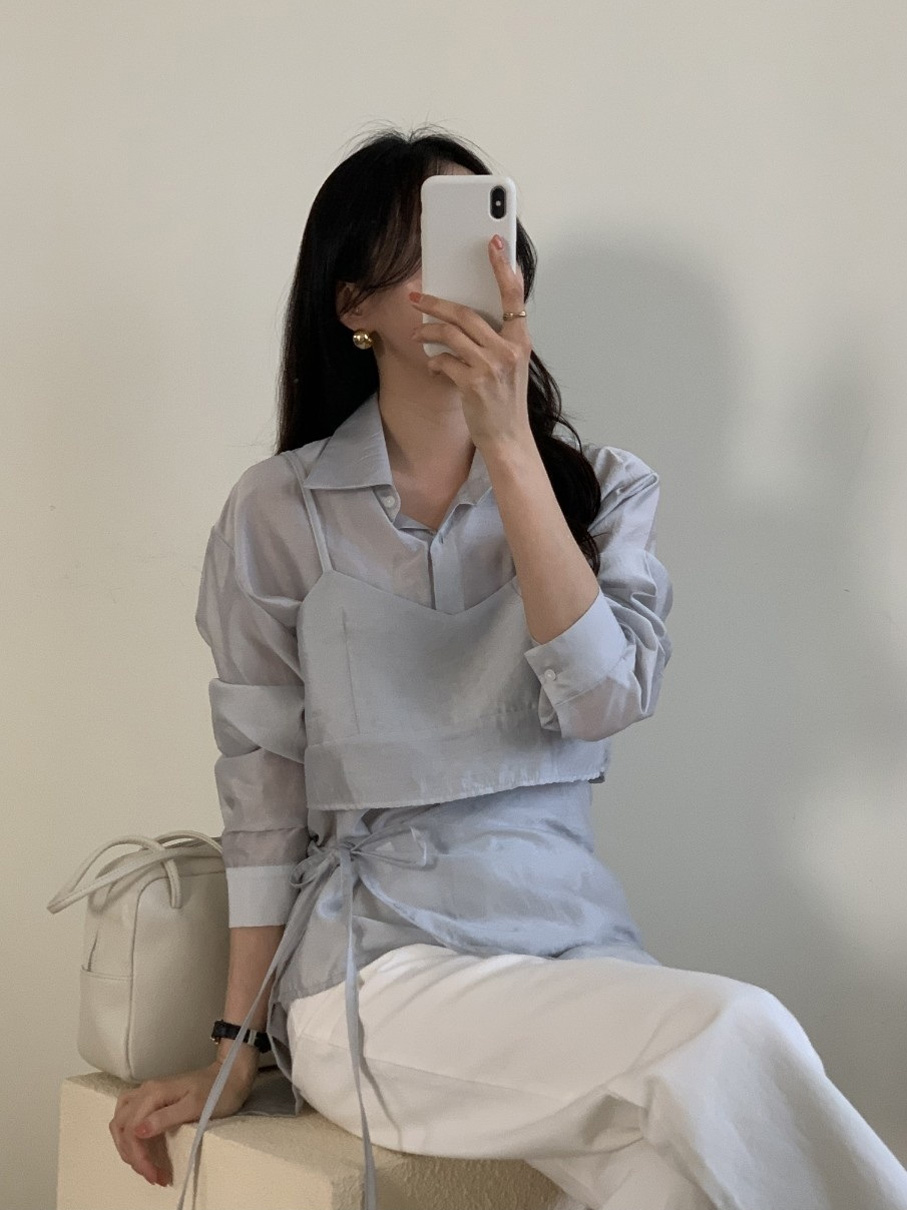 シースルーボタンストラップクロップド長袖スカートシャツビスチェ3 SET | 詳細画像9