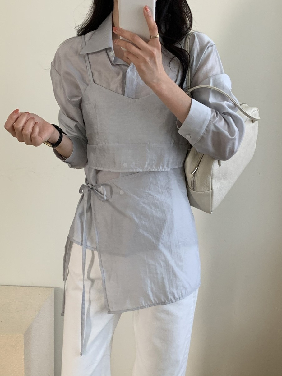 シースルーボタンストラップクロップド長袖スカートシャツビスチェ3 SET | 詳細画像10