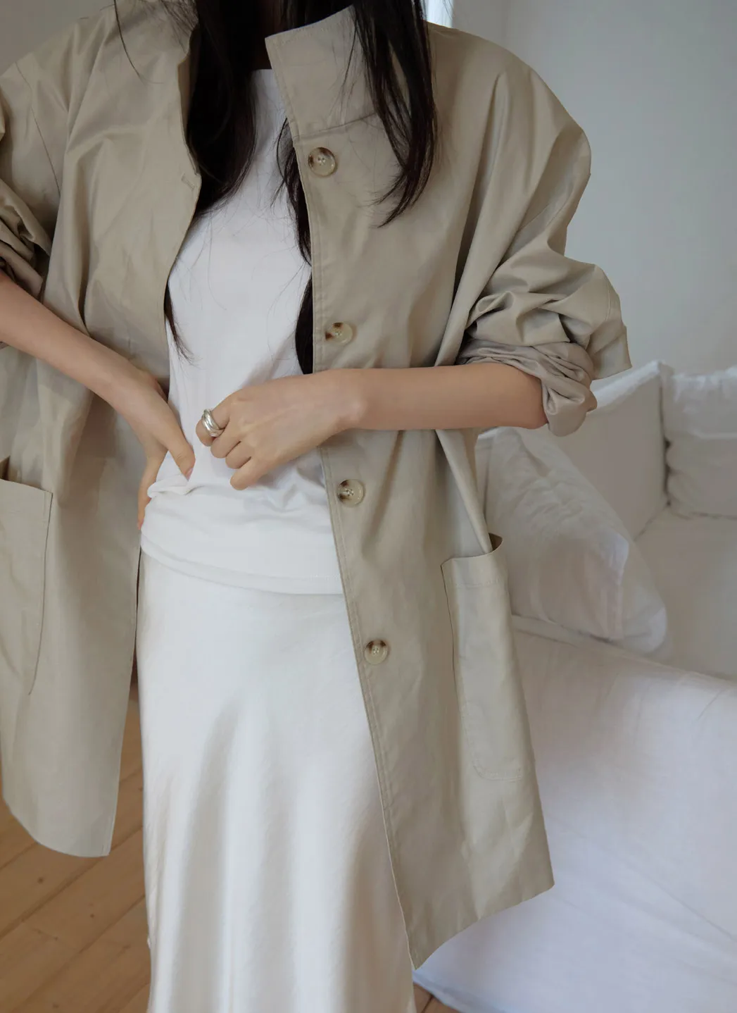 ベロアコットンボタンハイネックハーフ無地コート春秋 | 詳細画像1