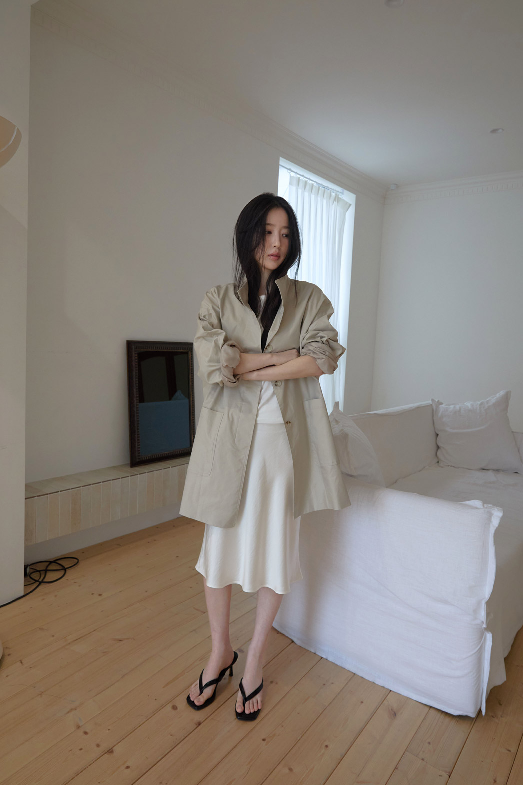 ベロアコットンボタンハイネックハーフ無地コート春秋 | 詳細画像2