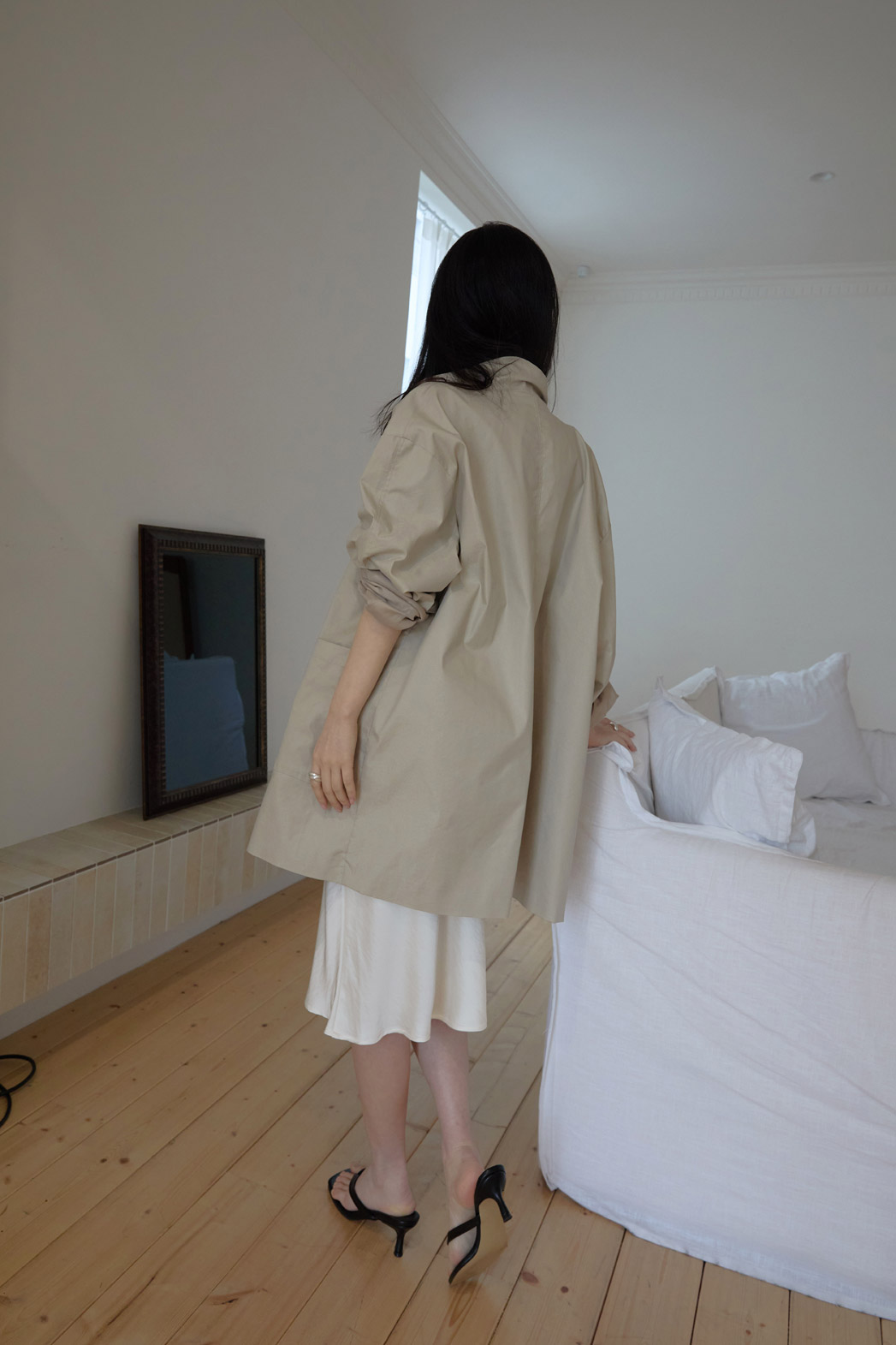 ベロアコットンボタンハイネックハーフ無地コート春秋 | 詳細画像6