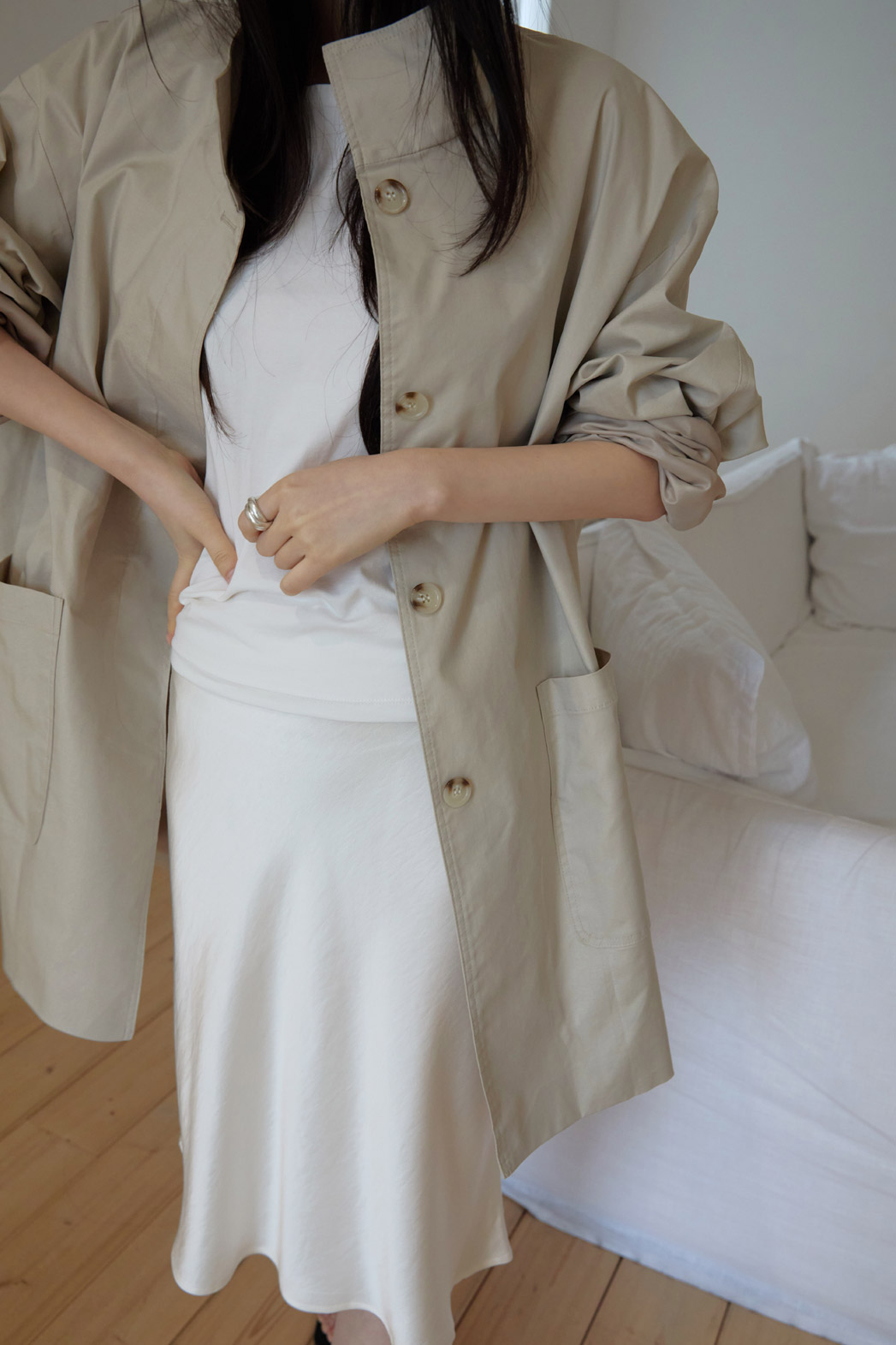 ベロアコットンボタンハイネックハーフ無地コート春秋 | 詳細画像10