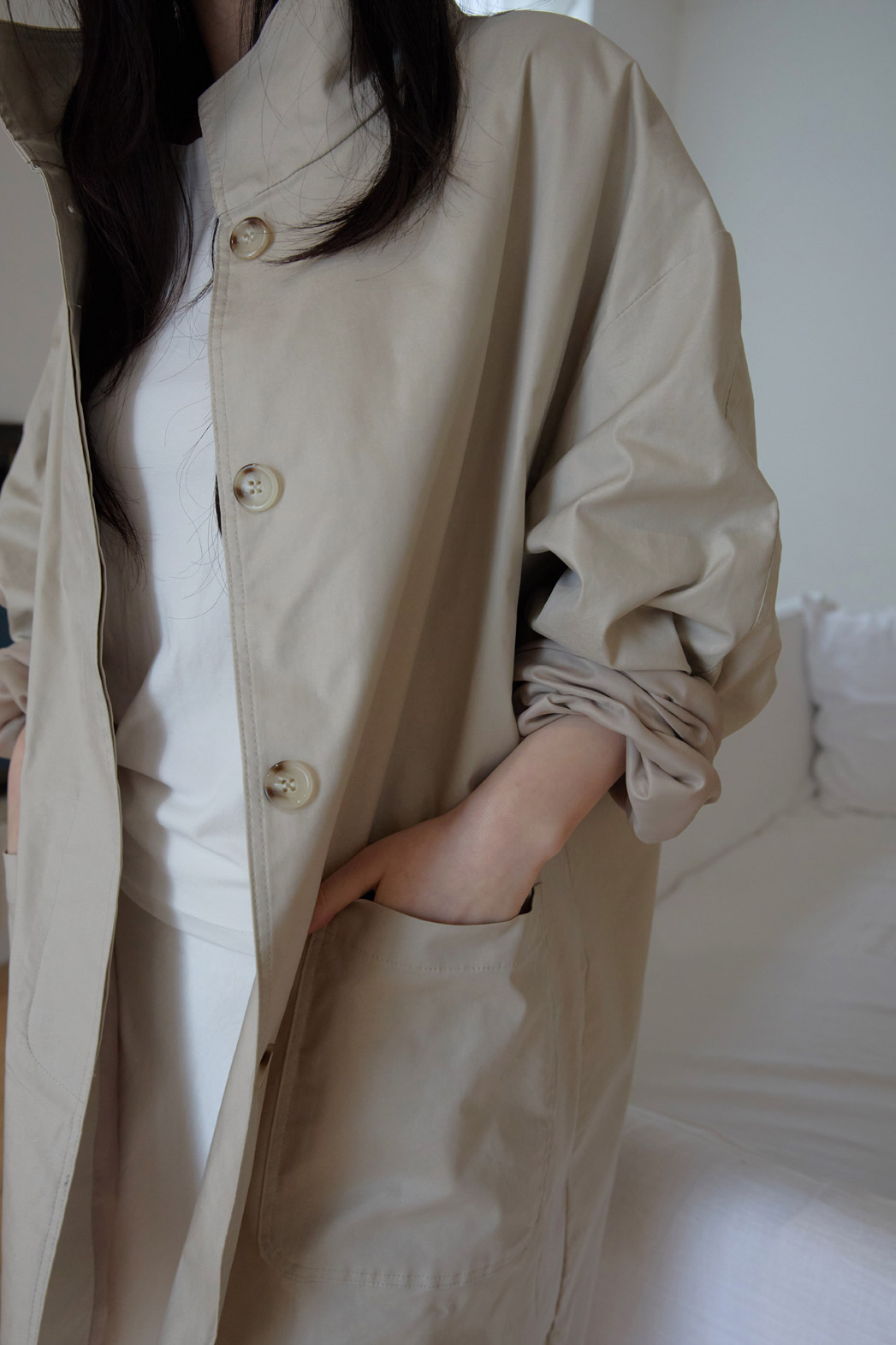 ベロアコットンボタンハイネックハーフ無地コート春秋 | 詳細画像11