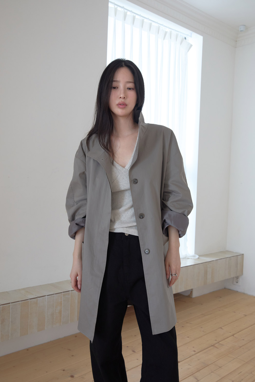 ベロアコットンボタンハイネックハーフ無地コート春秋 | 詳細画像13