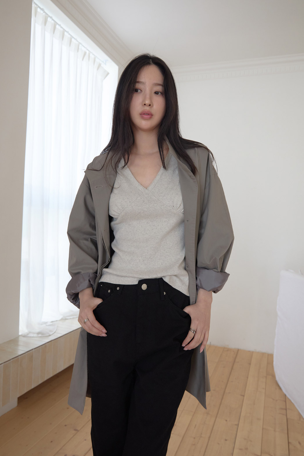 ベロアコットンボタンハイネックハーフ無地コート春秋 | 詳細画像14