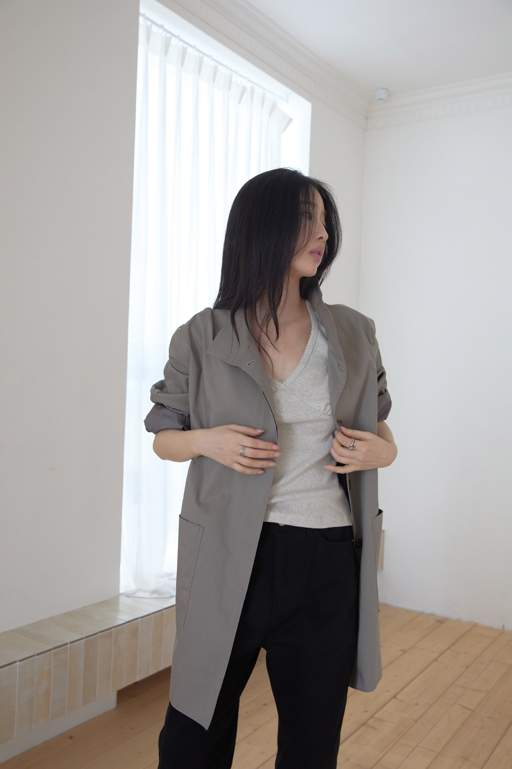 ベロアコットンボタンハイネックハーフ無地コート春秋 | 詳細画像15