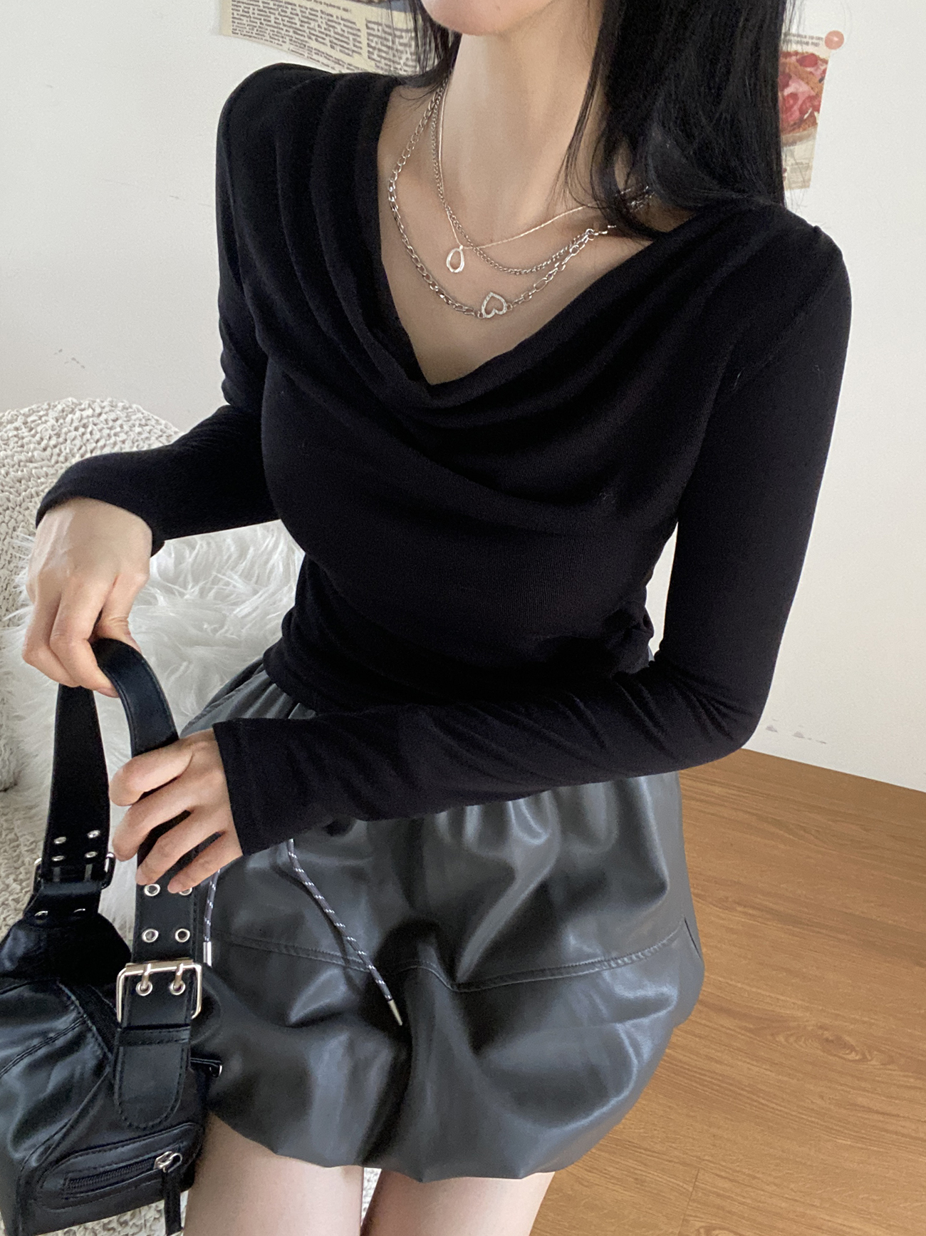 ドレープオフショルダーベーシックスリム長袖Tシャツ | 詳細画像9