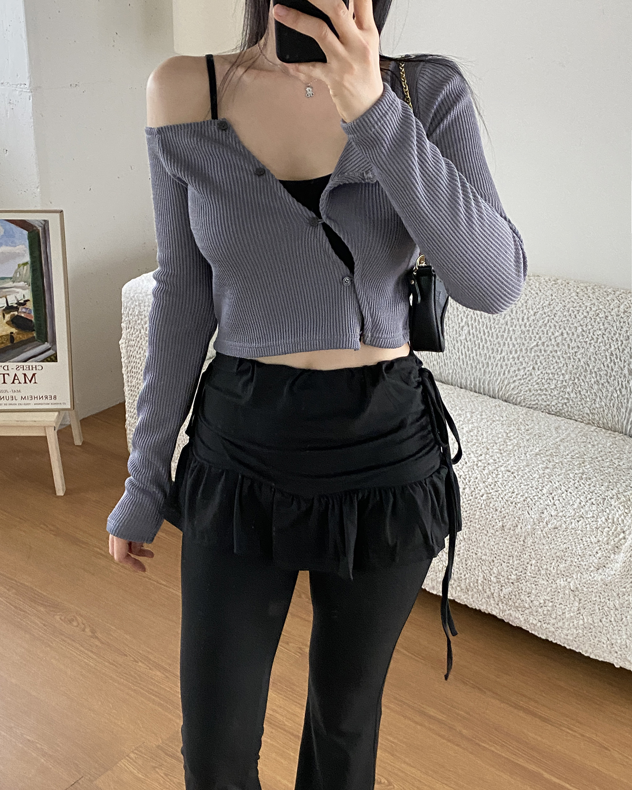 ニットドローストリングベーシッククロップドスリム長袖カーディガン | 詳細画像2