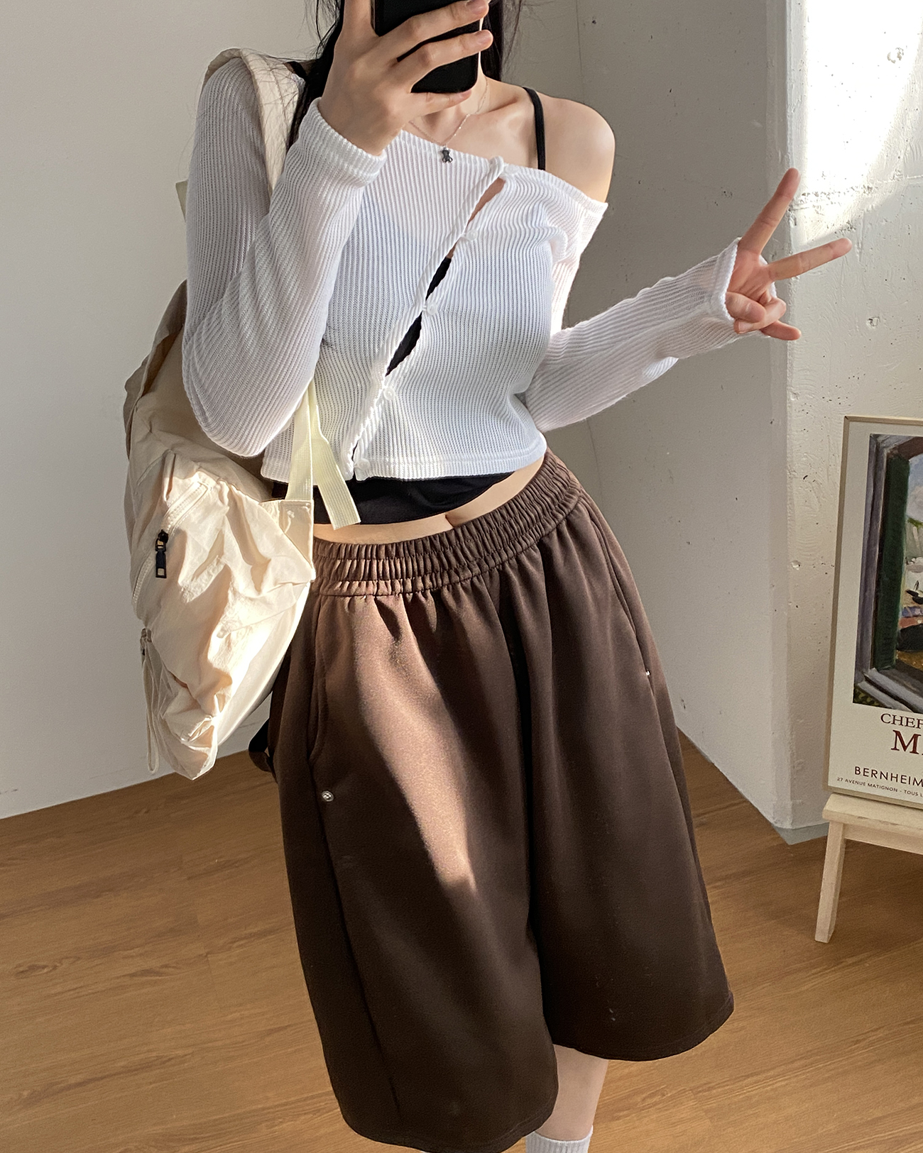 ニットドローストリングベーシッククロップドスリム長袖カーディガン | 詳細画像3