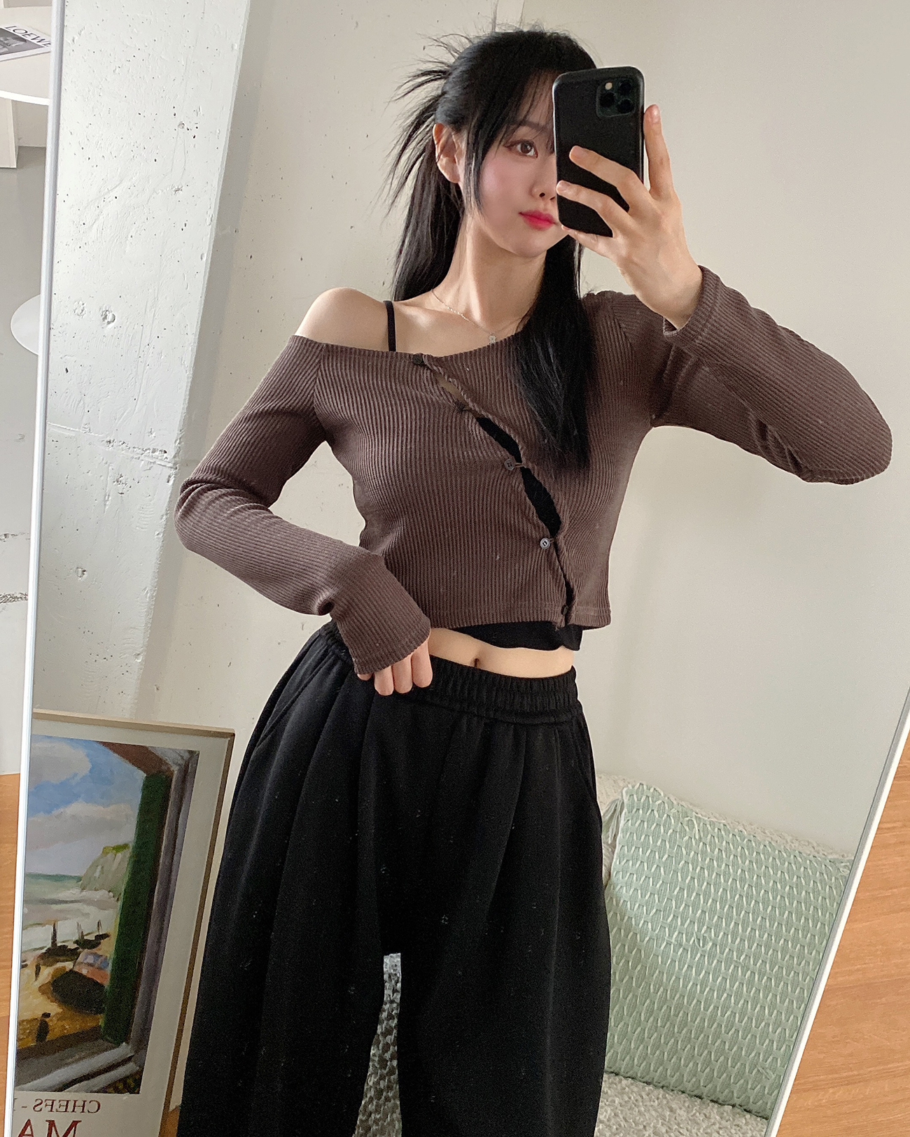 ニットドローストリングベーシッククロップドスリム長袖カーディガン | 詳細画像4